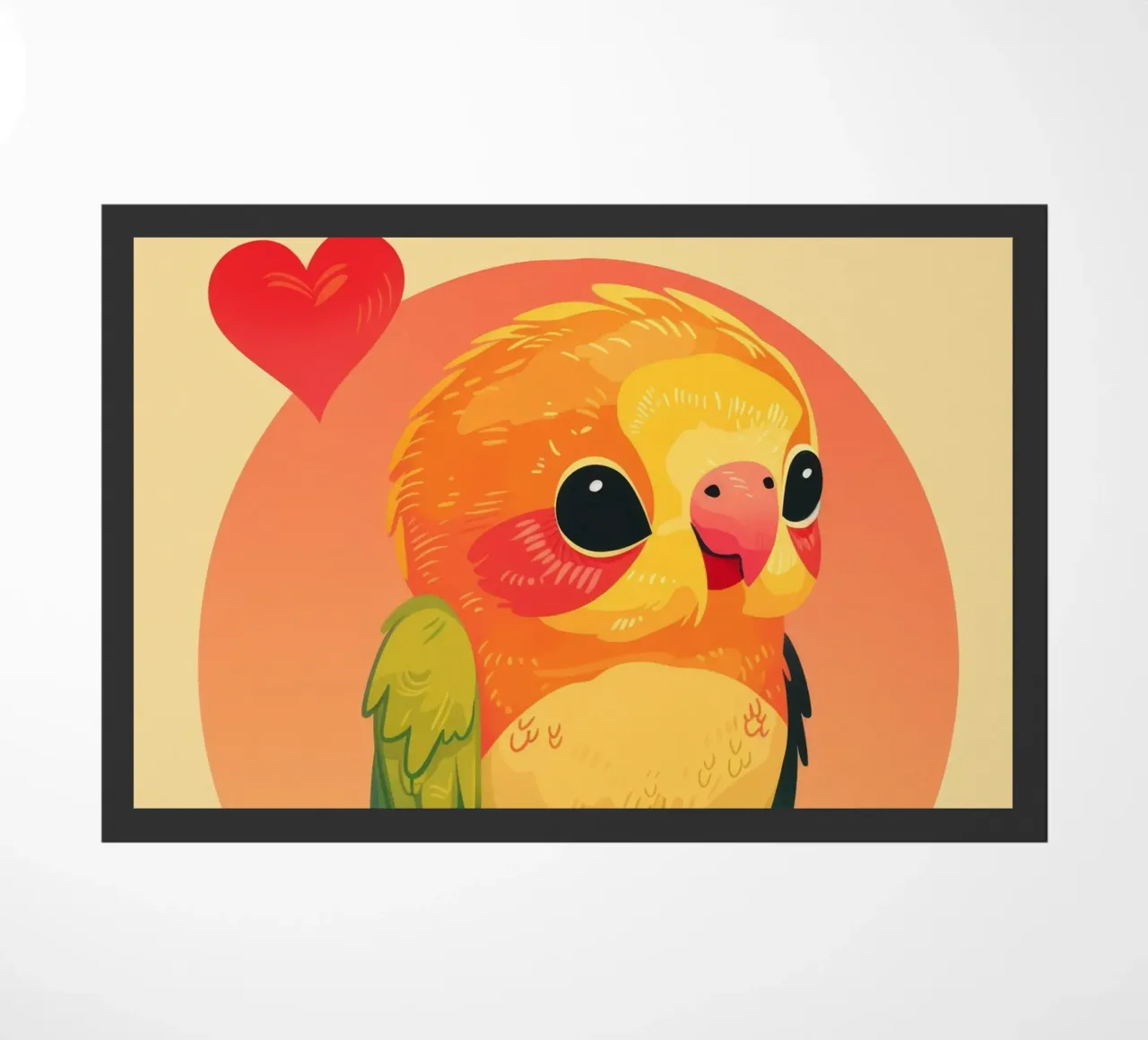Cartone animato pappagallo carino su un ramo con cuore in background zerbino da DesignDoodle