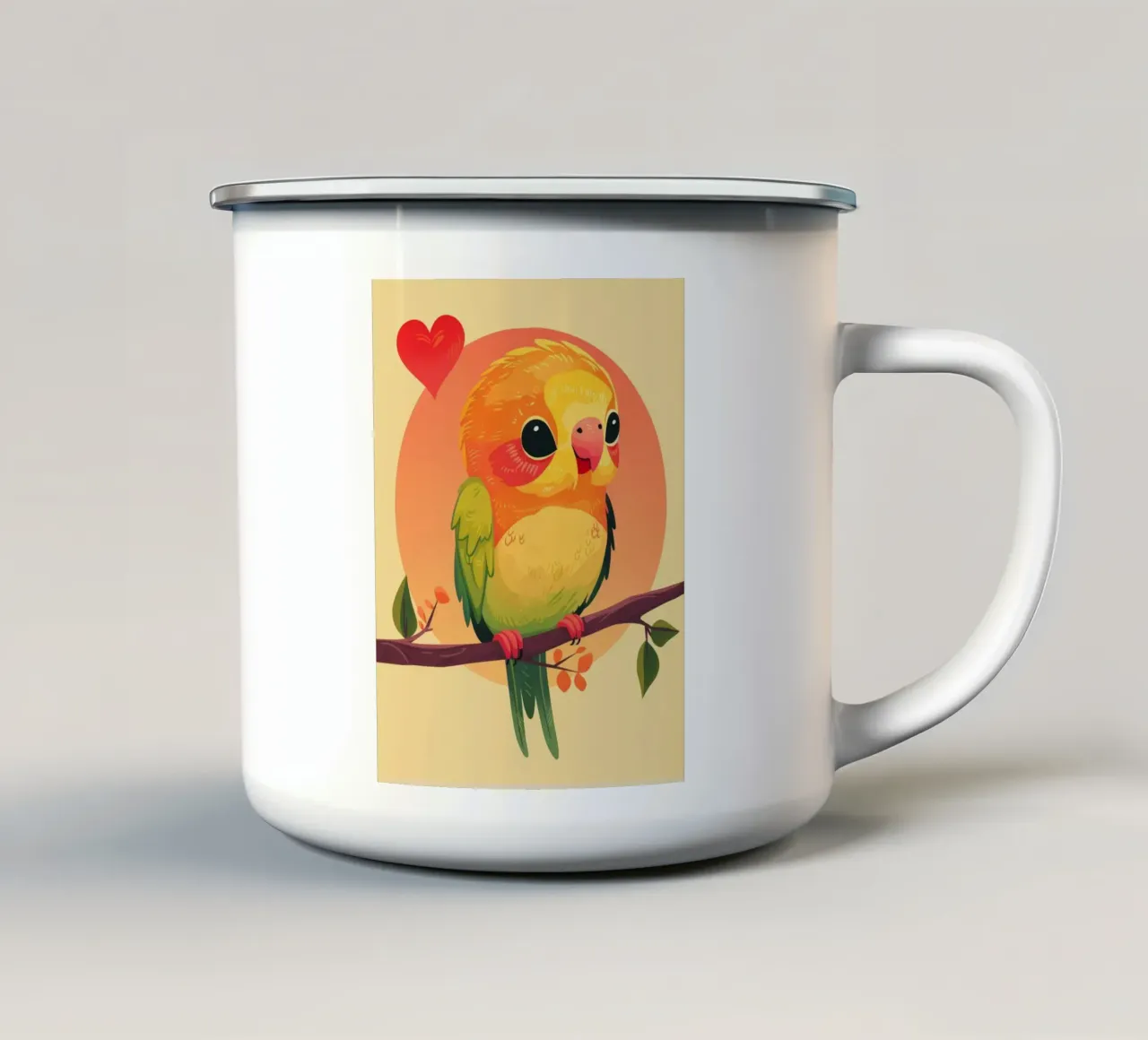 Cartone animato pappagallo carino su un ramo con cuore in background tazza in smalto da DesignDoodle