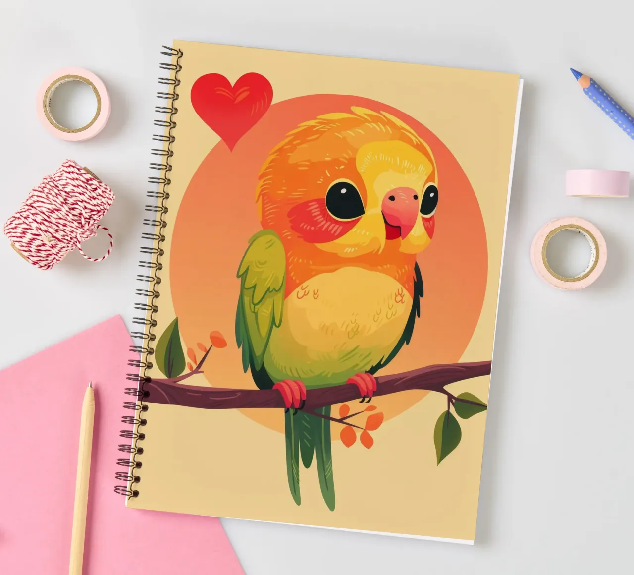 Cute parrot cartoon on a branch with heart in the background spiral notebook by DesignDoodle