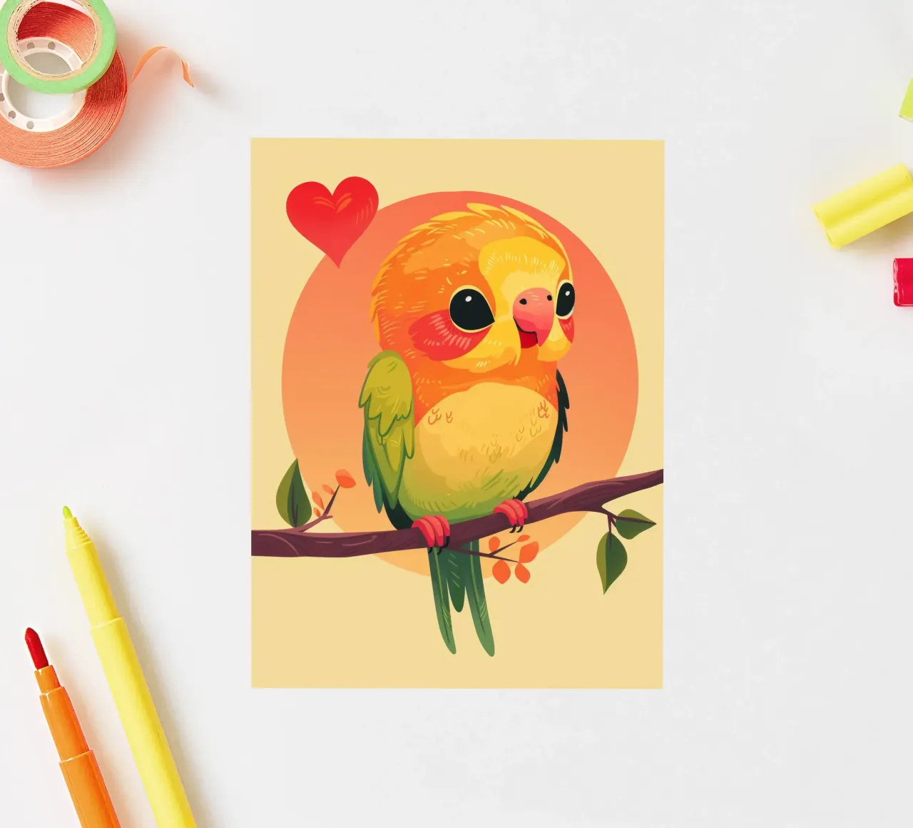 Cute parrot cartoon on a branch with heart in the background sticker by DesignDoodle