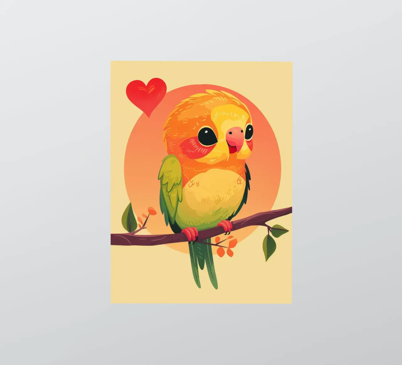 Cute parrot cartoon on a branch with heart in the background sticker by DesignDoodle