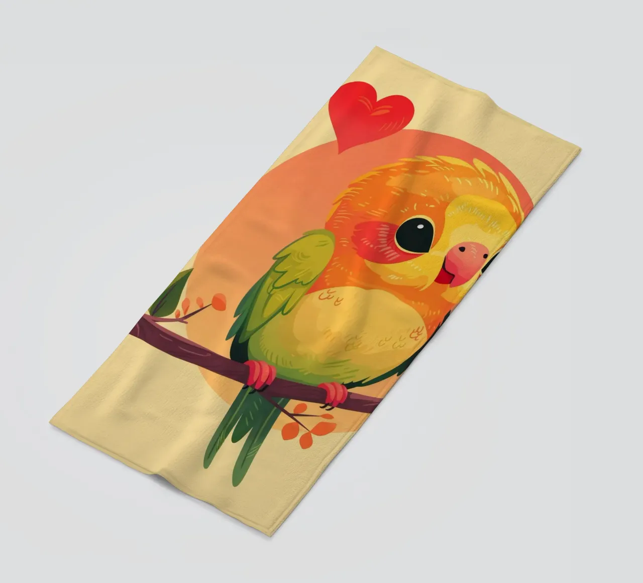 Cartone animato pappagallo carino su un ramo con cuore in background telo mare da DesignDoodle