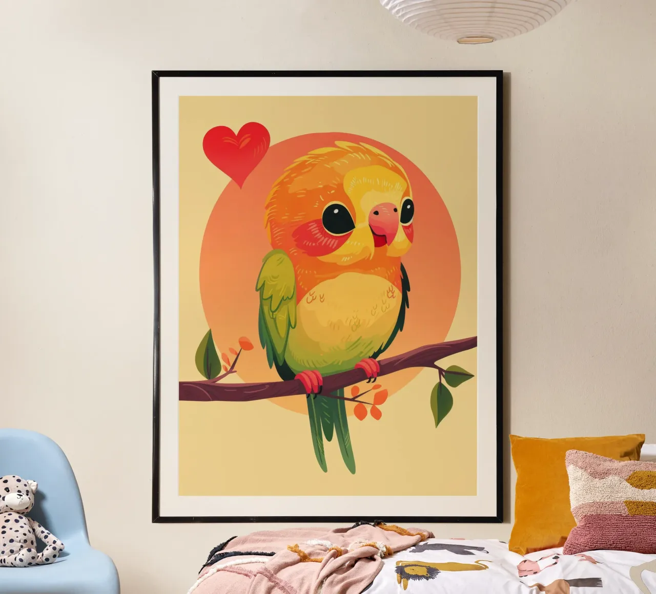 Cartone animato pappagallo carino su un ramo con cuore in background poster con telaio in legno da DesignDoodle