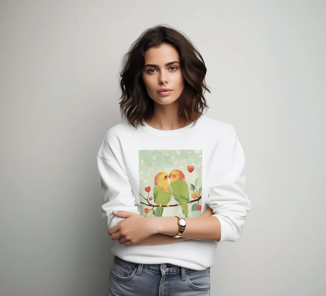 Two affectionate parakeets perched on a branch exchanging sweatshirt by DesignDoodle