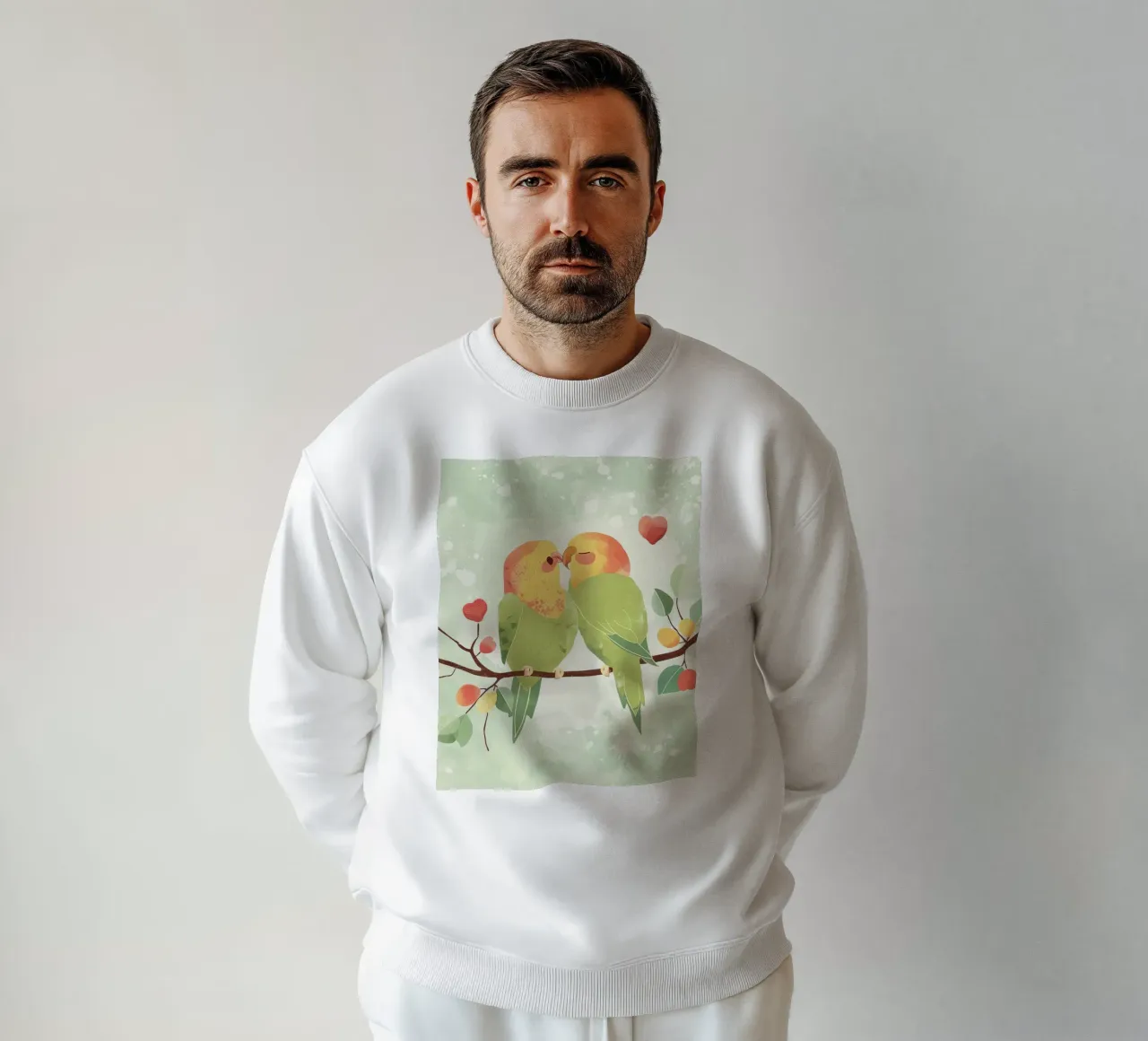 Two affectionate parakeets perched on a branch exchanging sweatshirt by DesignDoodle