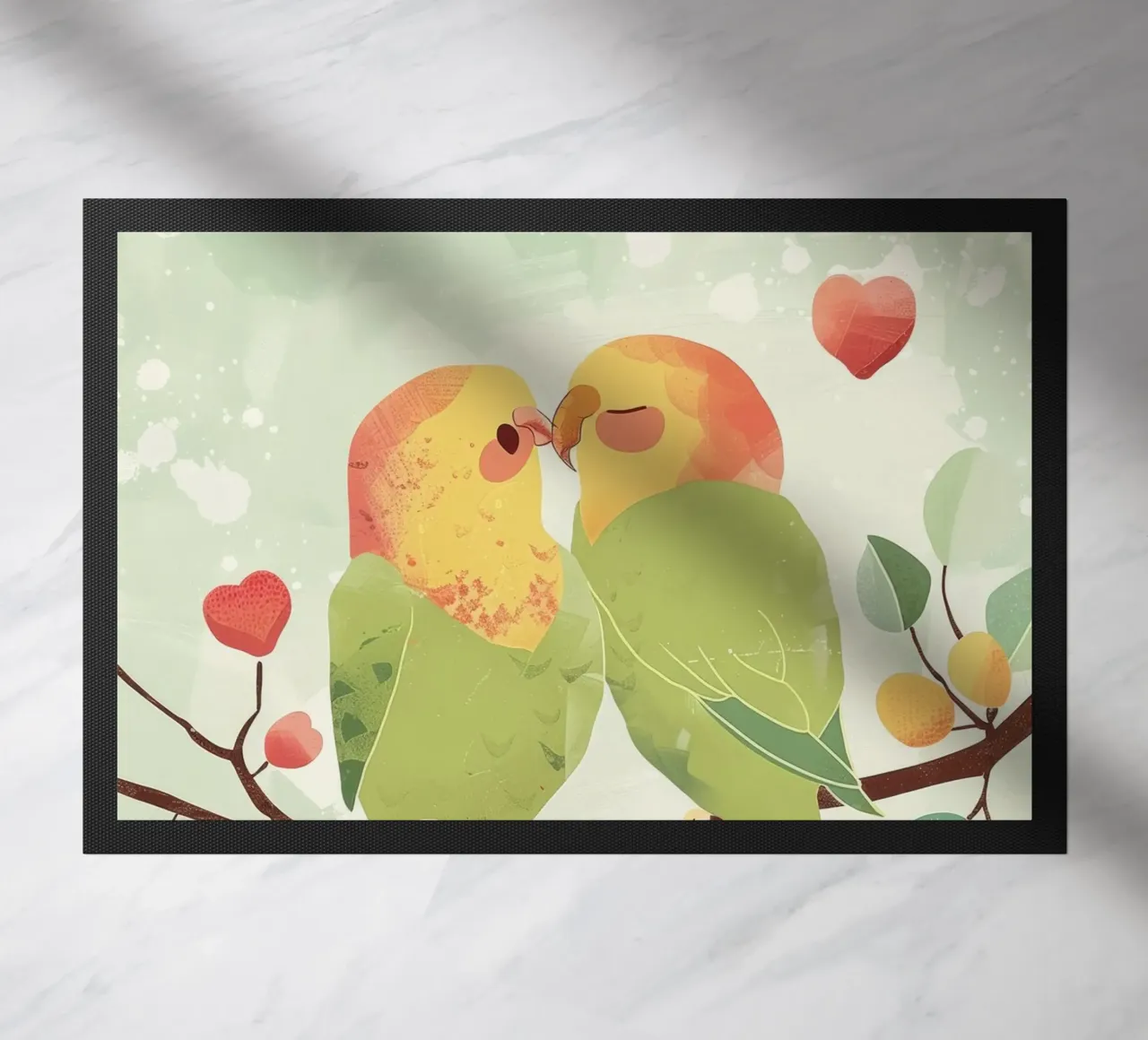 Two affectionate parakeets perched on a branch exchanging doormat by DesignDoodle