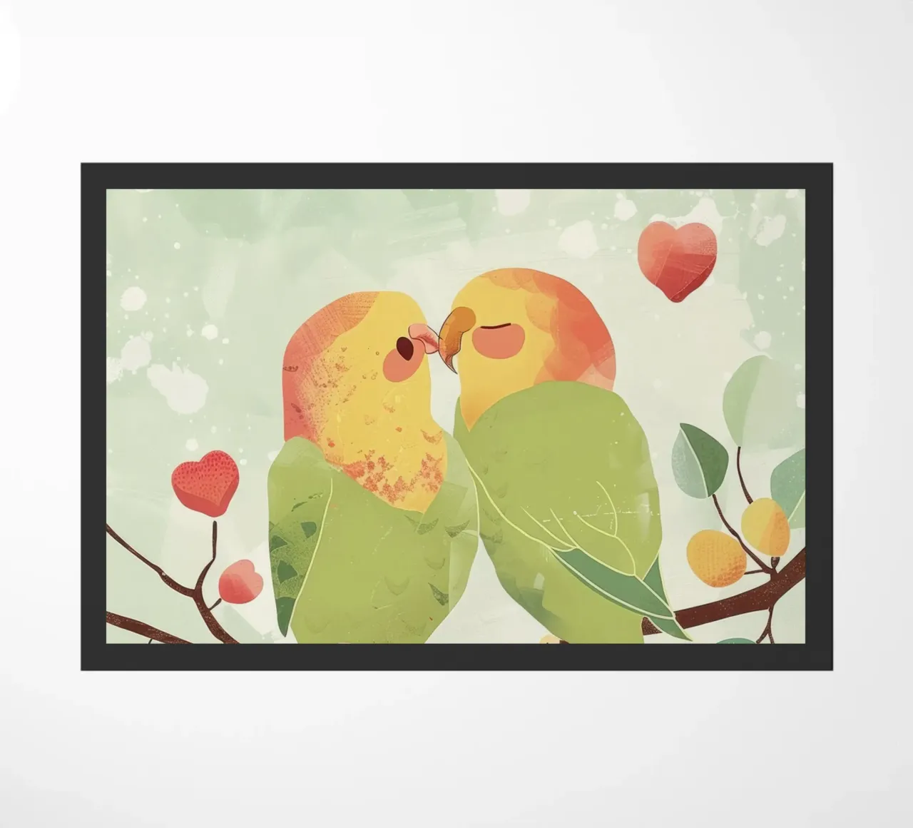 Two affectionate parakeets perched on a branch exchanging doormat by DesignDoodle
