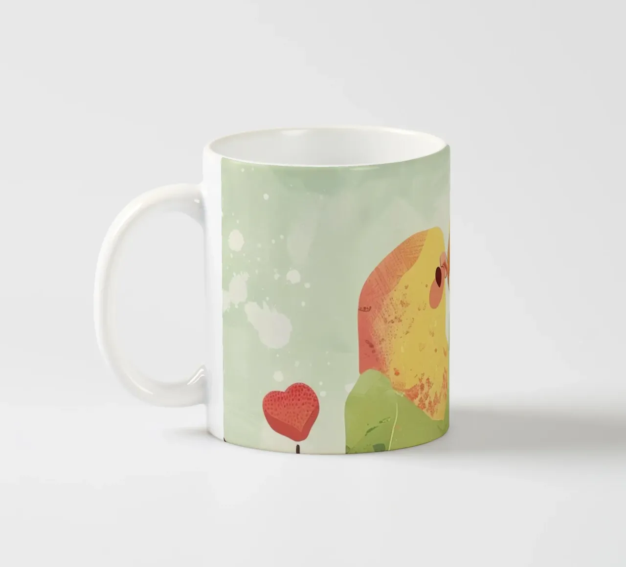 Two affectionate parakeets perched on a branch exchanging ceramic mug by DesignDoodle