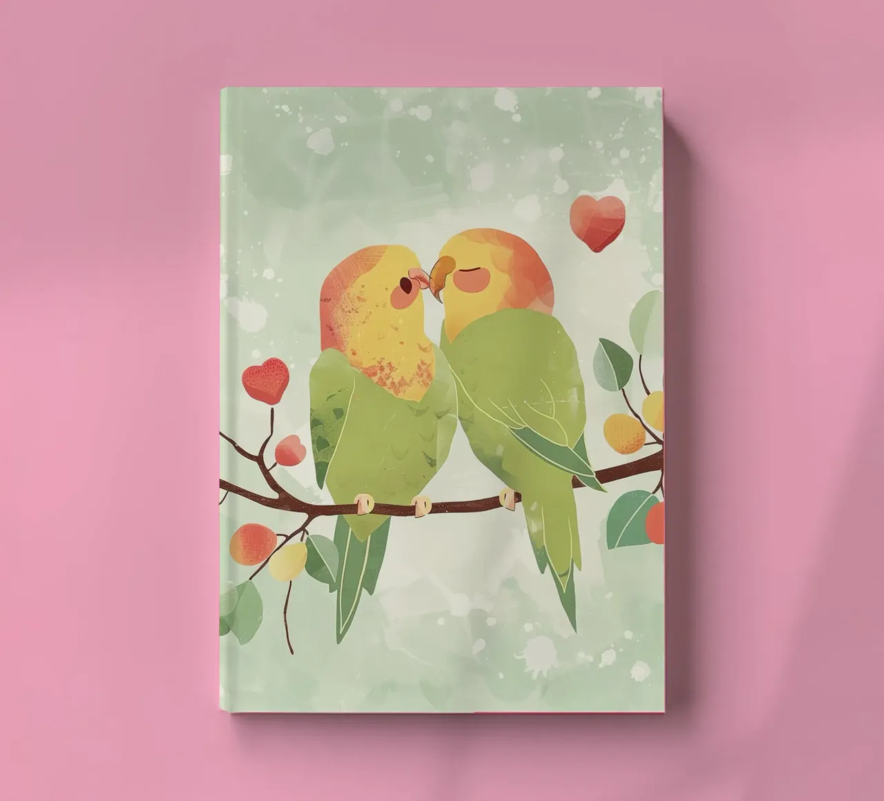 Two affectionate parakeets perched on a branch exchanging notebook by DesignDoodle