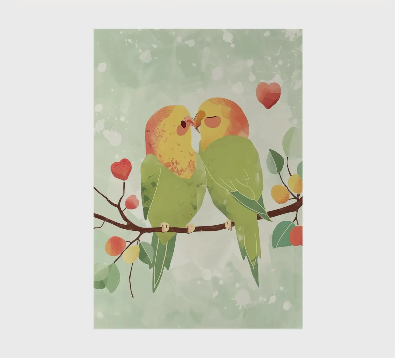 Two affectionate parakeets perched on a branch exchanging notebook by DesignDoodle