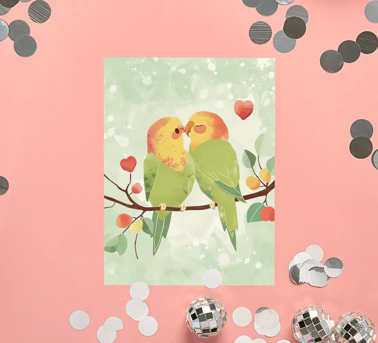 Two affectionate parakeets perched on a branch exchanging sticker by DesignDoodle