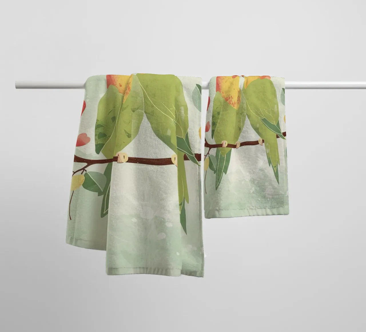 Two affectionate parakeets perched on a branch exchanging towel by DesignDoodle