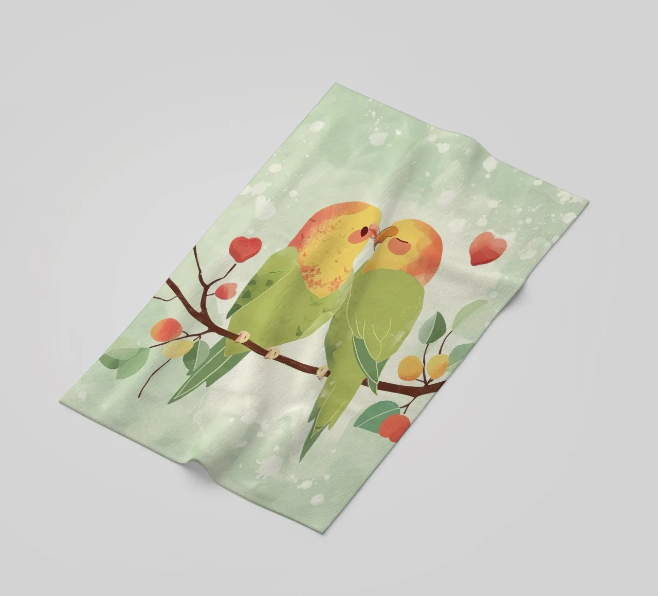 Two affectionate parakeets perched on a branch exchanging beach towel by DesignDoodle