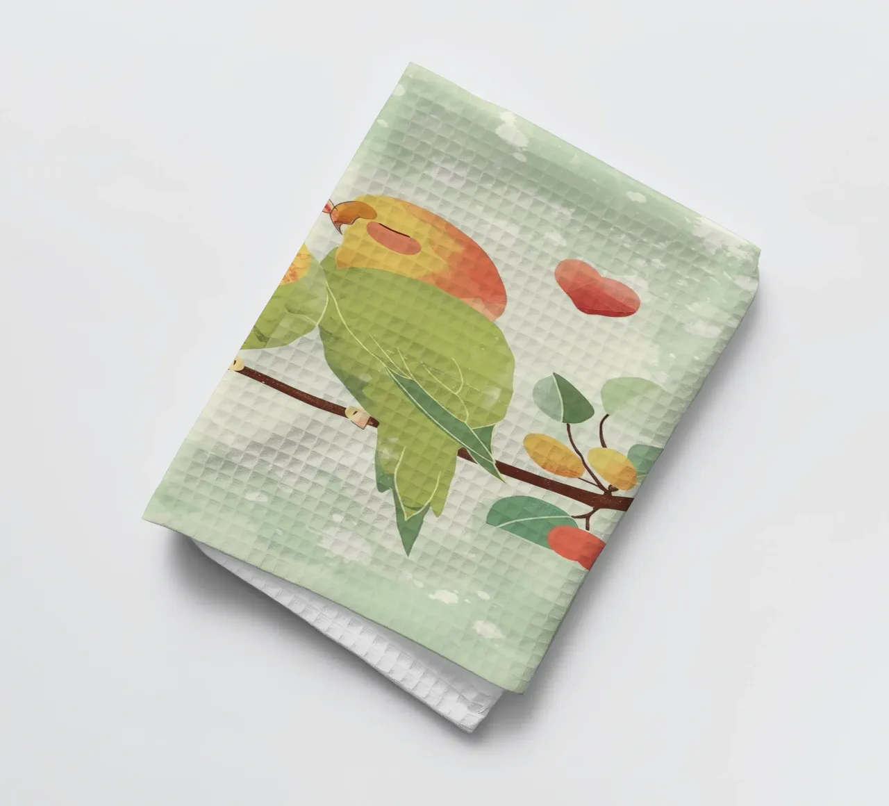 Two affectionate parakeets perched on a branch exchanging tea towel by DesignDoodle