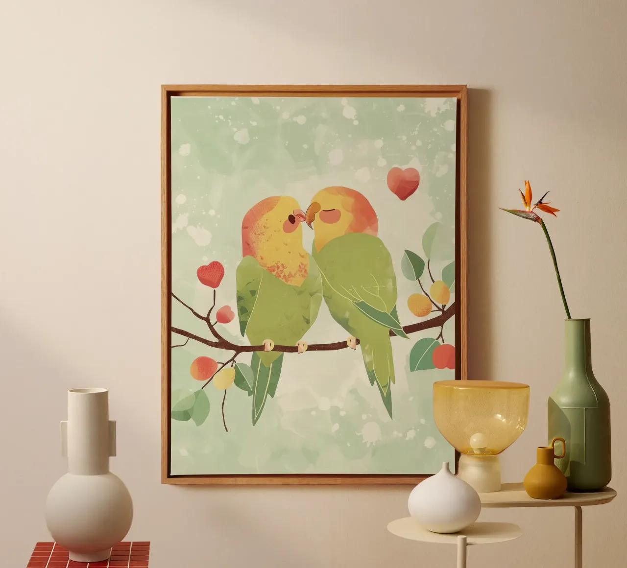Two affectionate parakeets perched on a branch exchanging canvas by DesignDoodle