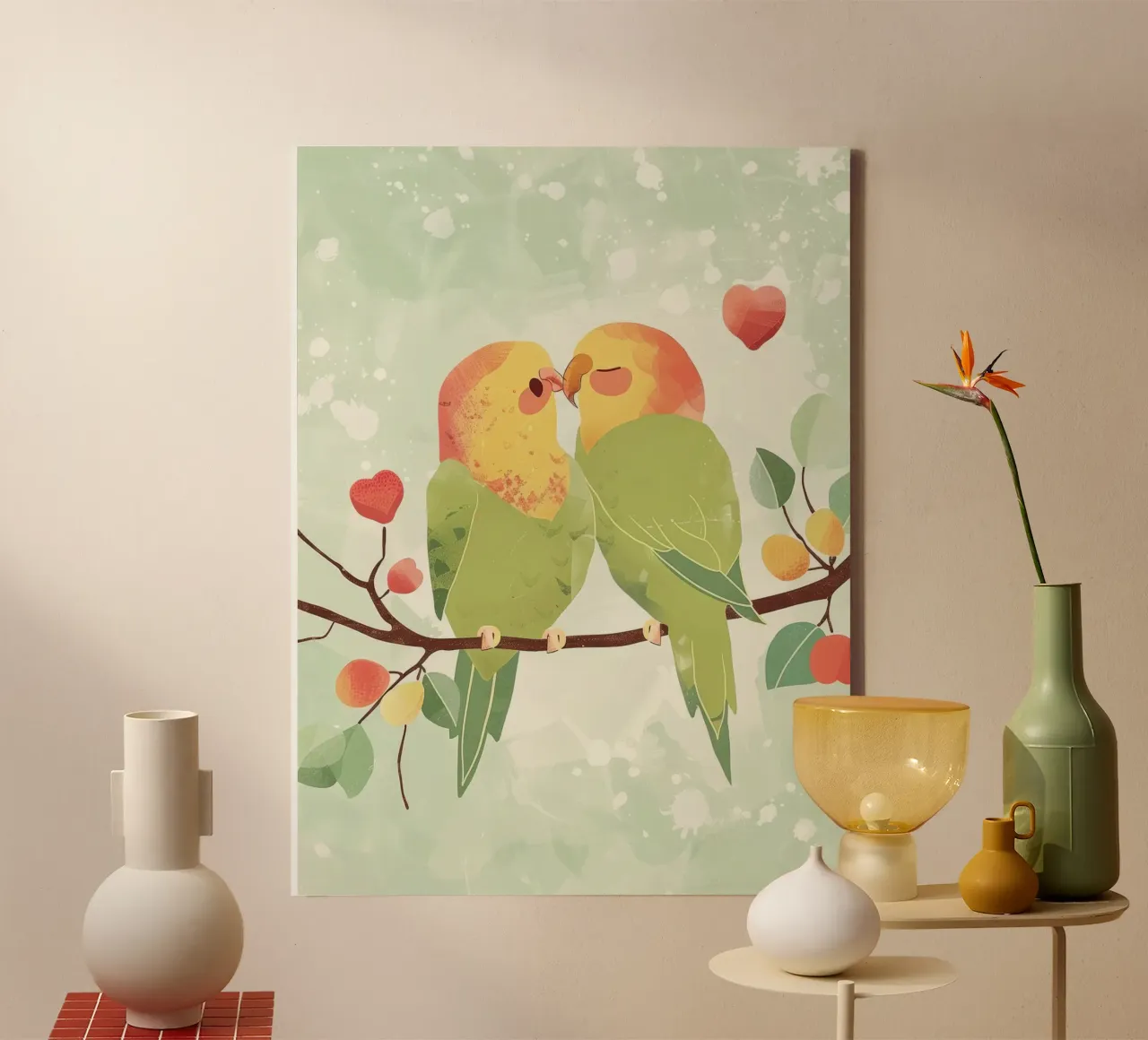 Two affectionate parakeets perched on a branch exchanging canvas by DesignDoodle