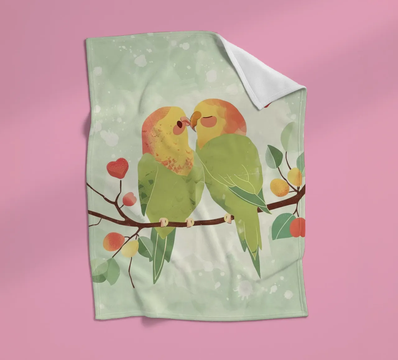 Two affectionate parakeets perched on a branch exchanging fleece blanket by DesignDoodle