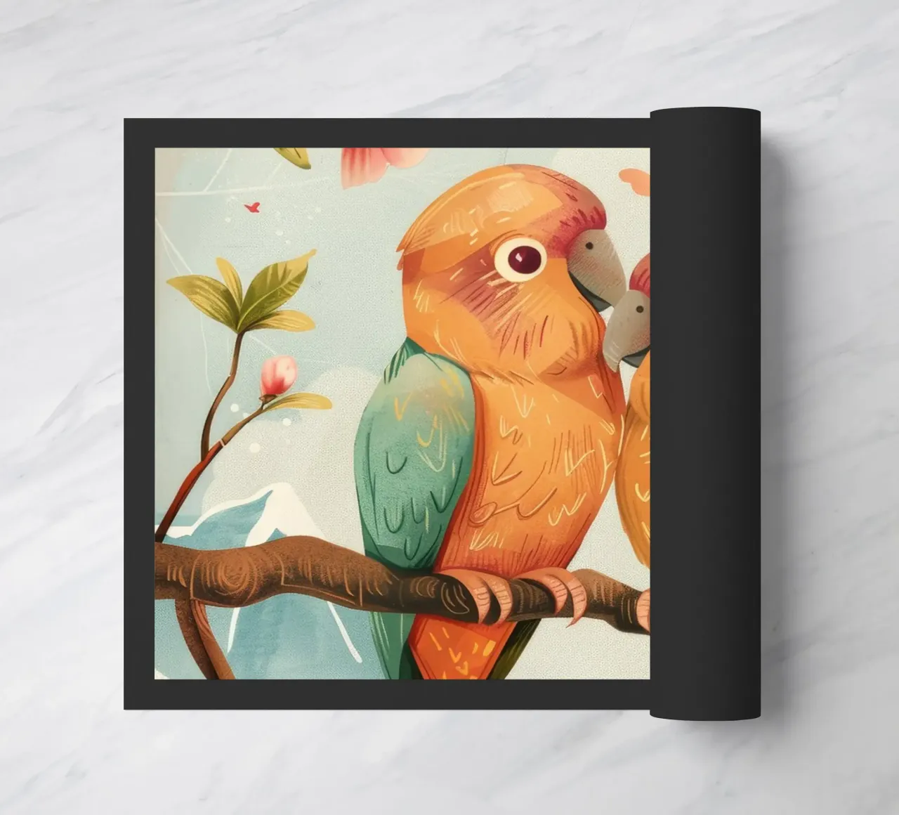 due pappagalli colorati appollaiati insieme su un ramo circondato da zerbino da DesignDoodle