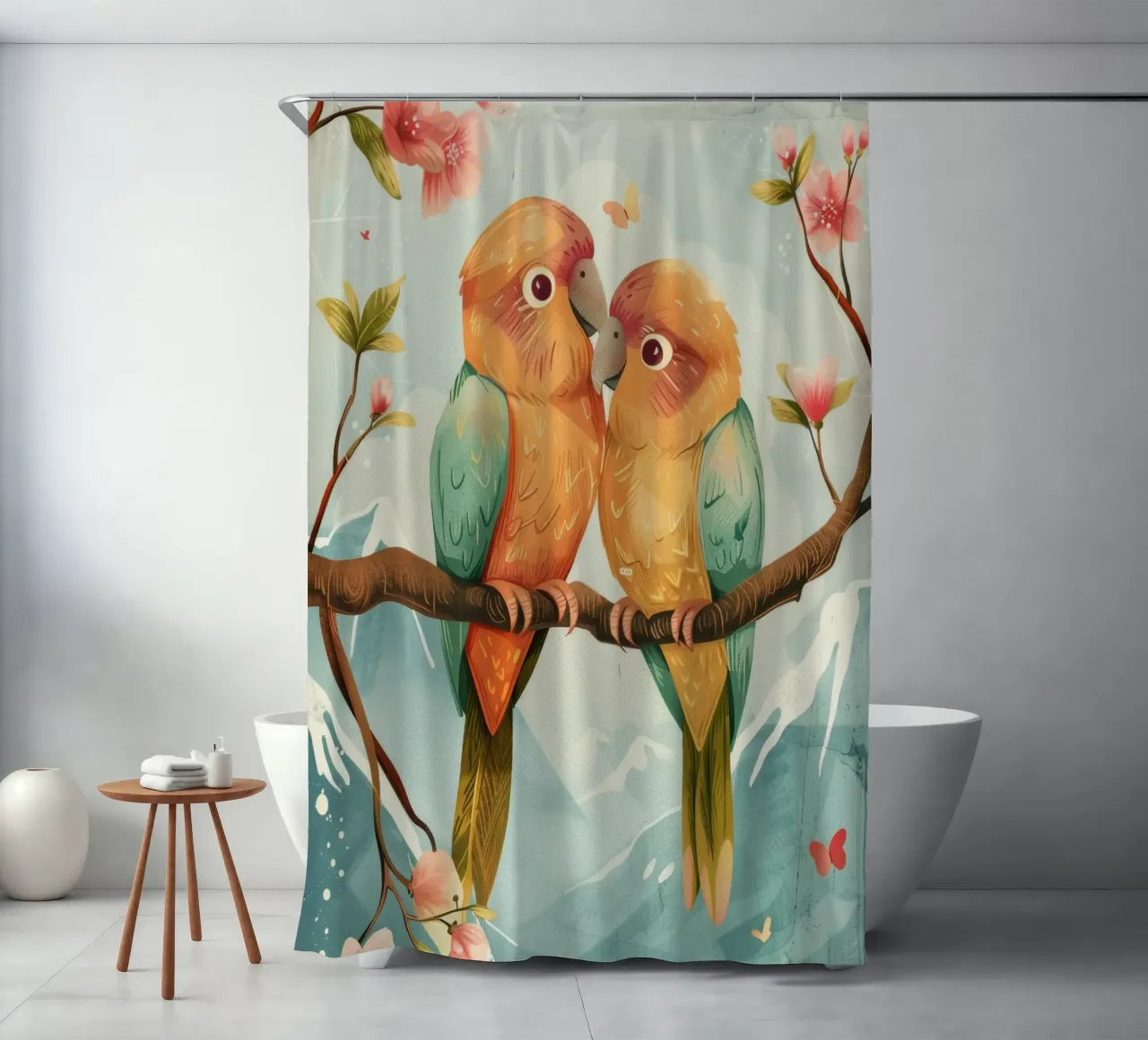 due pappagalli colorati appollaiati insieme su un ramo circondato da tenda da doccia da DesignDoodle