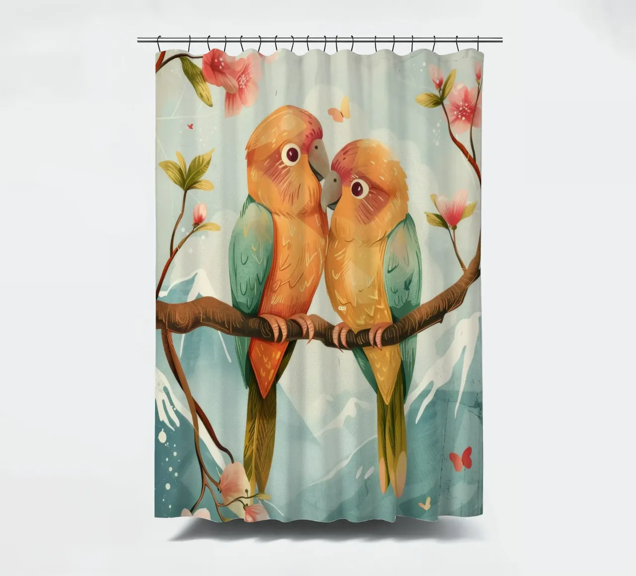 due pappagalli colorati appollaiati insieme su un ramo circondato da tenda da doccia da DesignDoodle