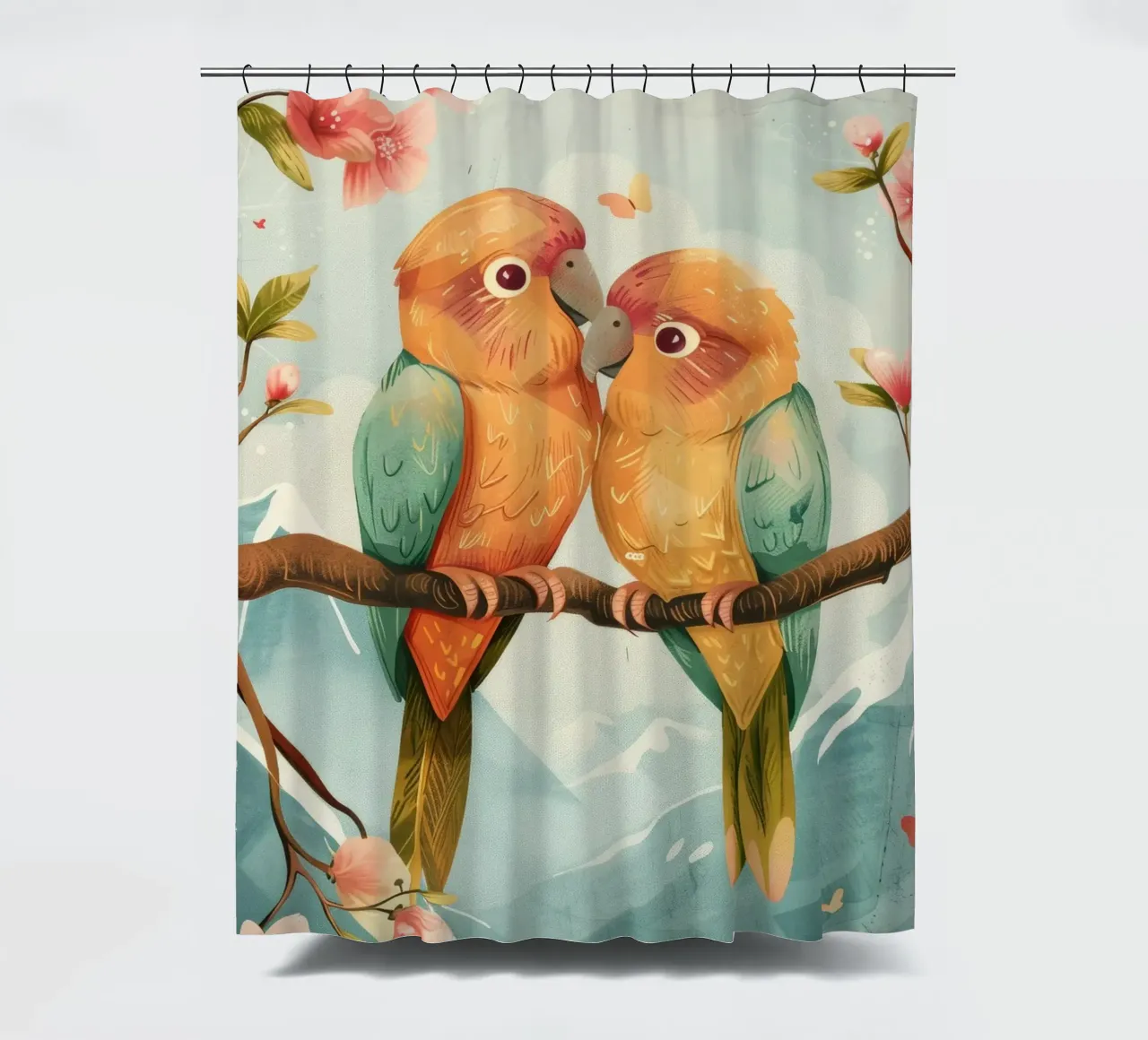 due pappagalli colorati appollaiati insieme su un ramo circondato da tenda da doccia da DesignDoodle