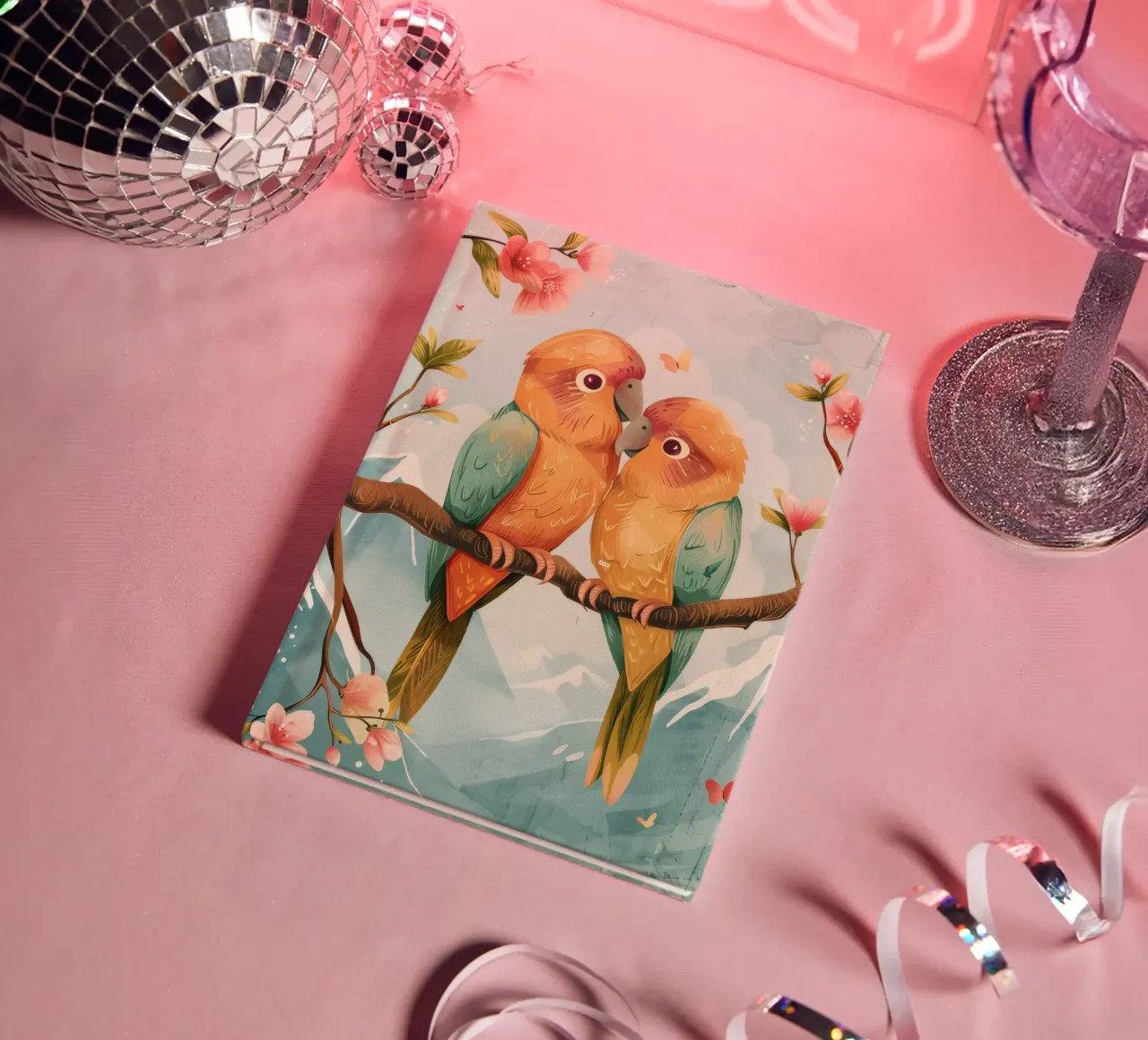 two colorful parrots perched together on a branch surrounde notebook by DesignDoodle