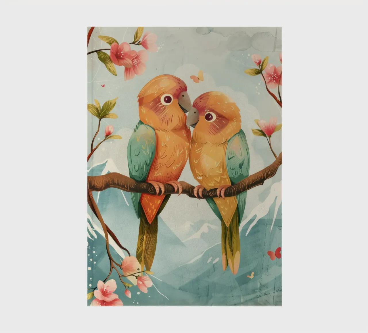 two colorful parrots perched together on a branch surrounde notebook by DesignDoodle