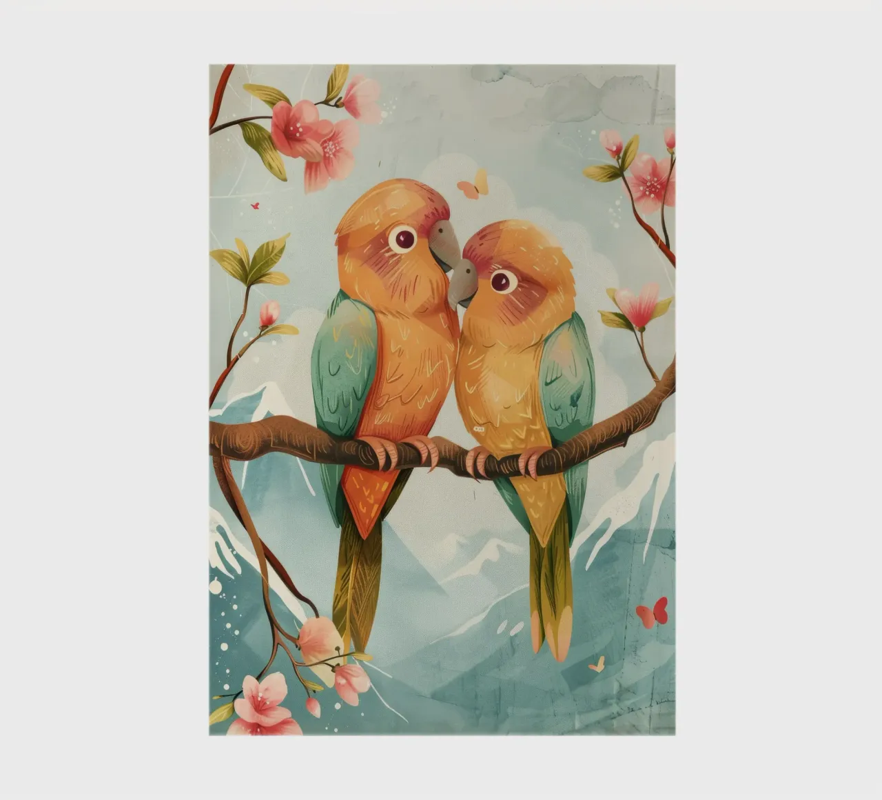 two colorful parrots perched together on a branch surrounde notebook by DesignDoodle