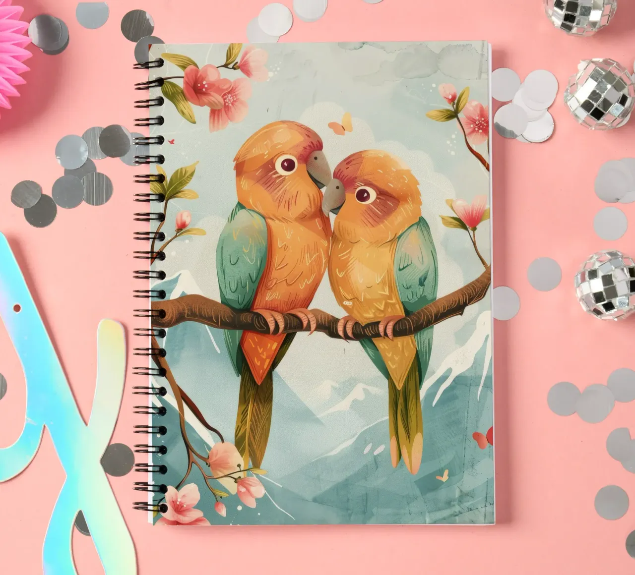 two colorful parrots perched together on a branch surrounde spiral notebook by DesignDoodle