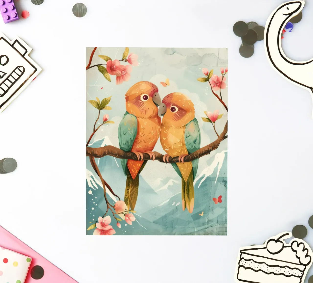 two colorful parrots perched together on a branch surrounde sticker by DesignDoodle