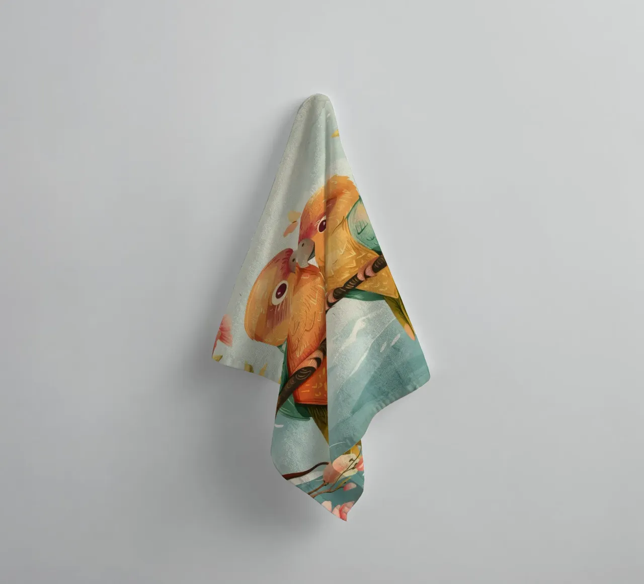 two colorful parrots perched together on a branch surrounde towel by DesignDoodle