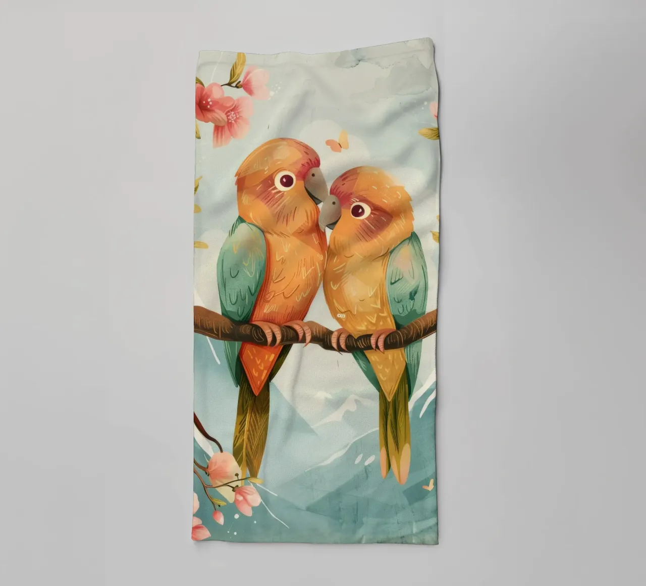 two colorful parrots perched together on a branch surrounde towel by DesignDoodle