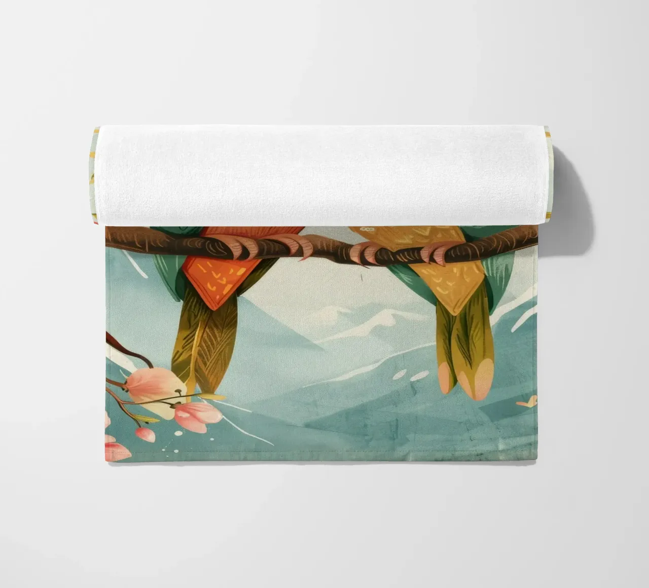 due pappagalli colorati appollaiati insieme su un ramo circondato da telo mare da DesignDoodle