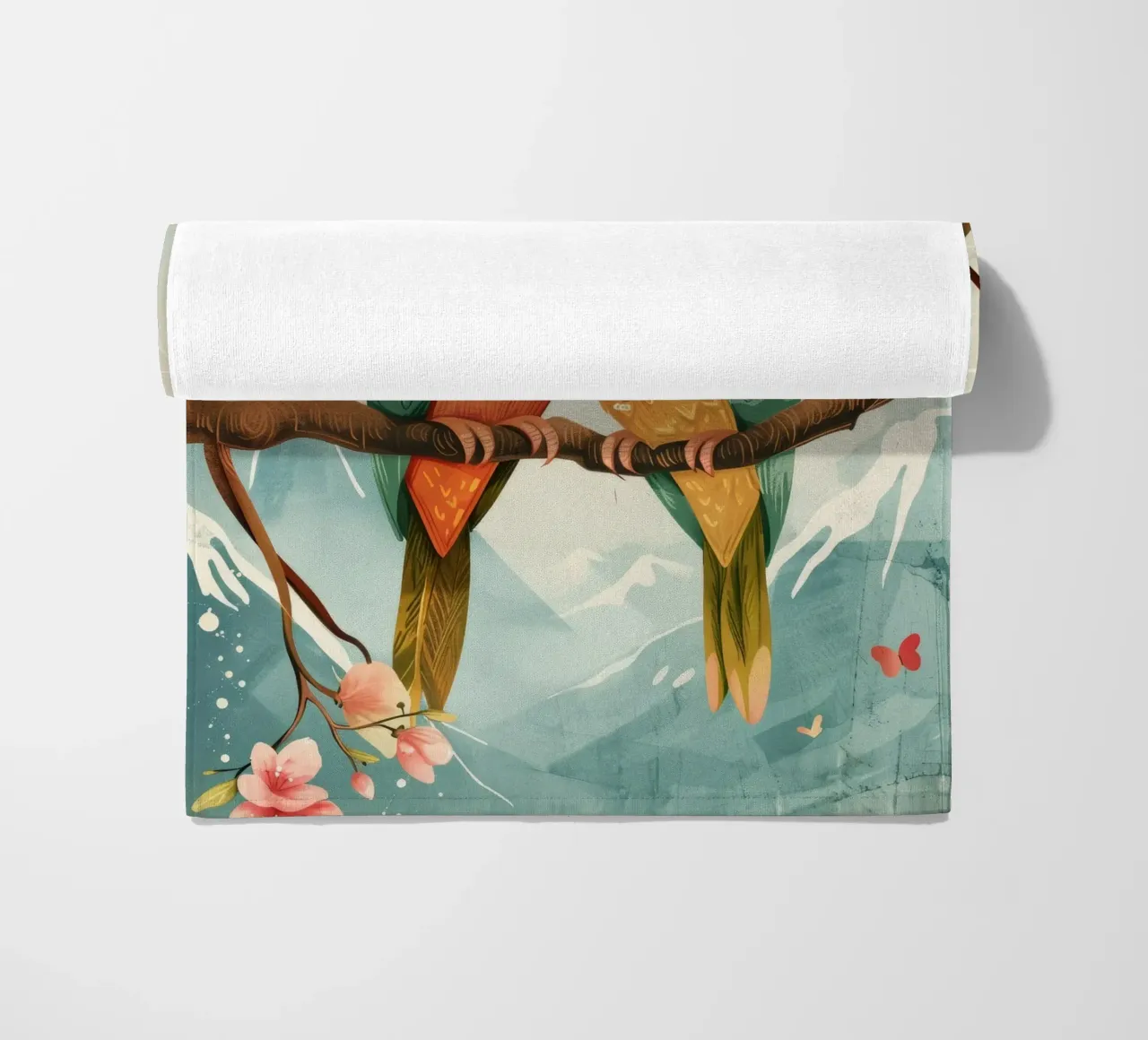 due pappagalli colorati appollaiati insieme su un ramo circondato da telo mare da DesignDoodle