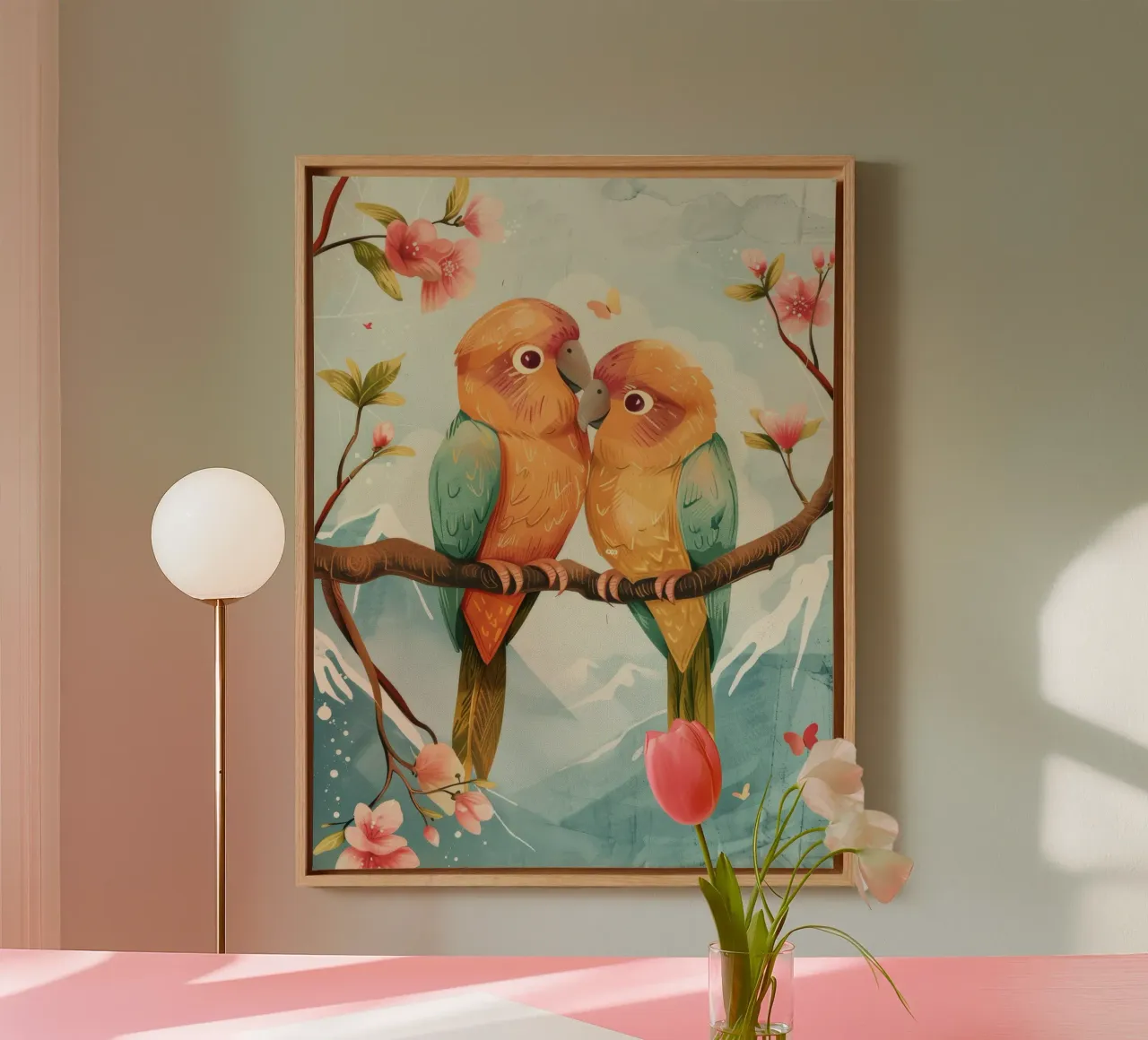 two colorful parrots perched together on a branch surrounde canvas by DesignDoodle