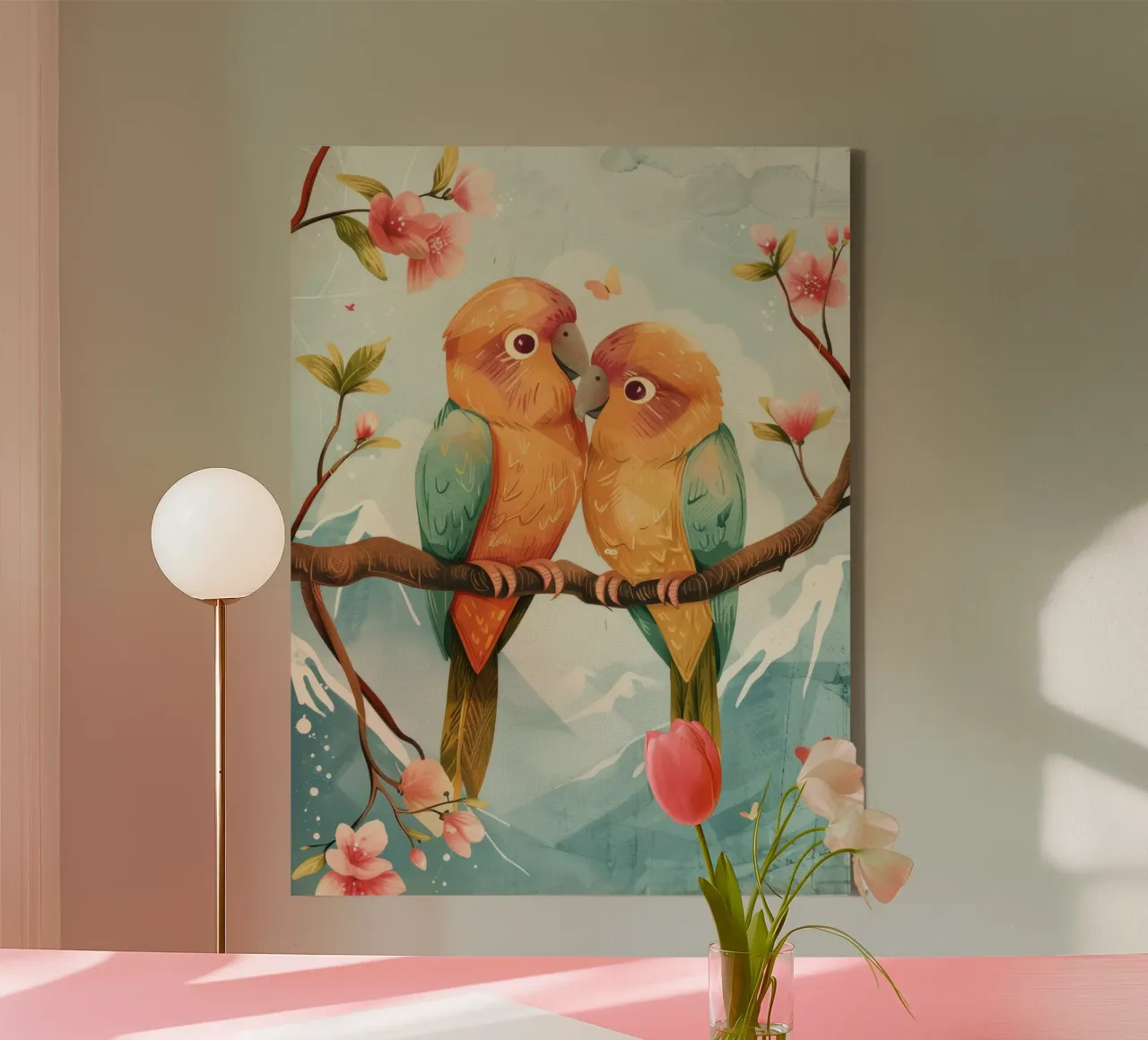 two colorful parrots perched together on a branch surrounde canvas by DesignDoodle