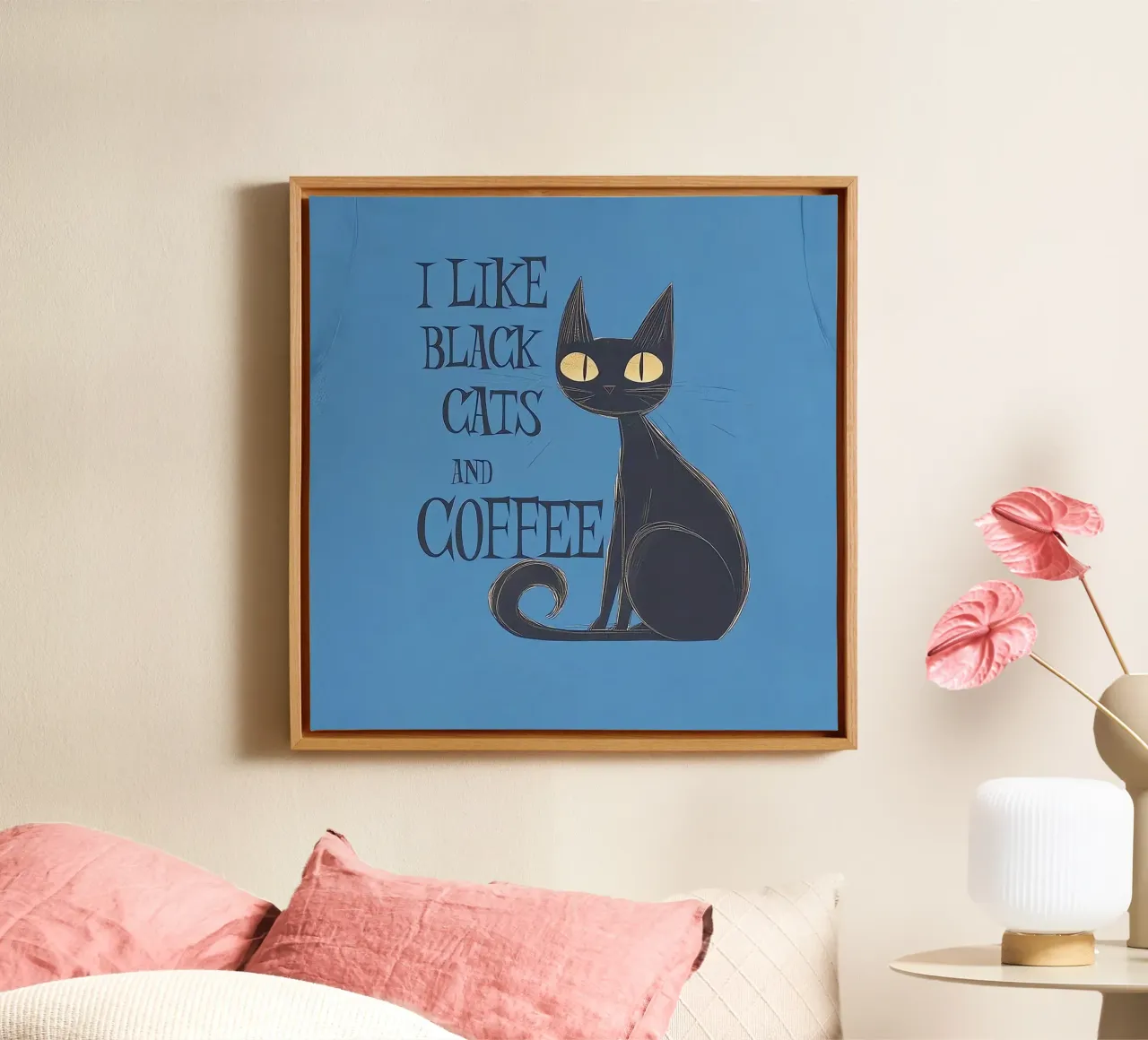 Mi piacciono i gatti neri e il caffè tela con Cornice a cassetta da Arjun