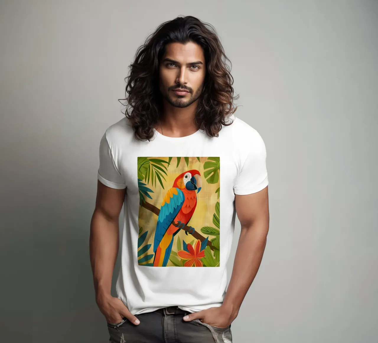 Ara variopinta appollaiata su un ramo circondata da piante tropicali t-shirt da DesignDoodle