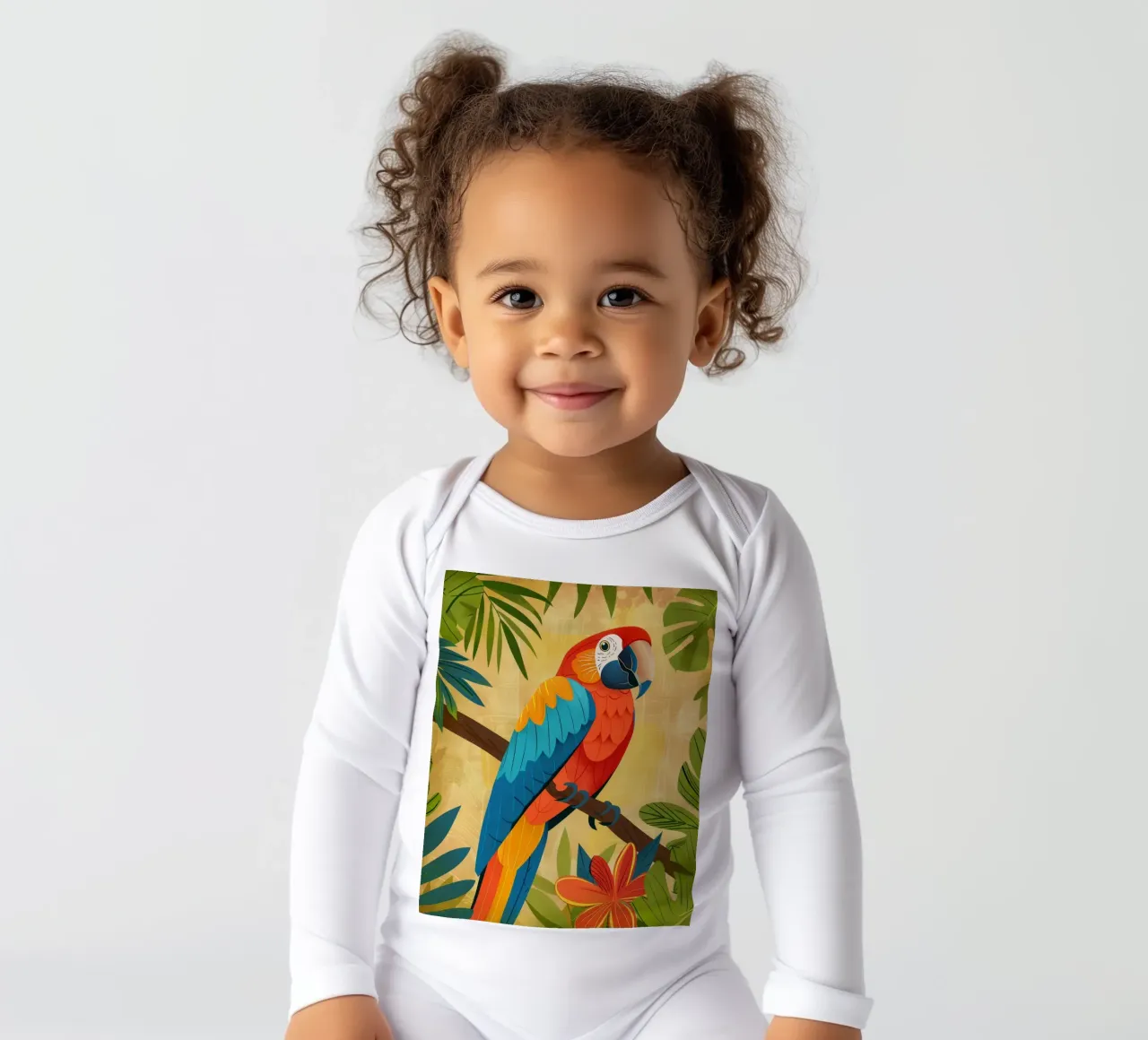 Bunter Ara auf einem Ast, umgeben von tropischen Langarm Babybody von DesignDoodle
