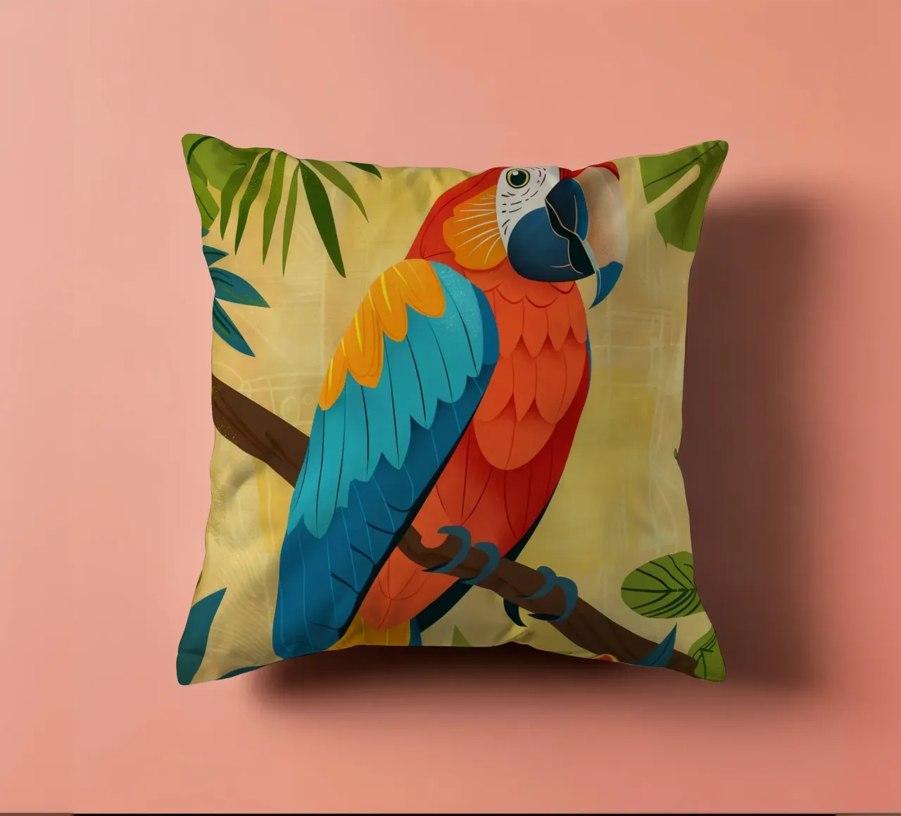 Ara variopinta appollaiata su un ramo circondata da piante tropicali cuscino da DesignDoodle