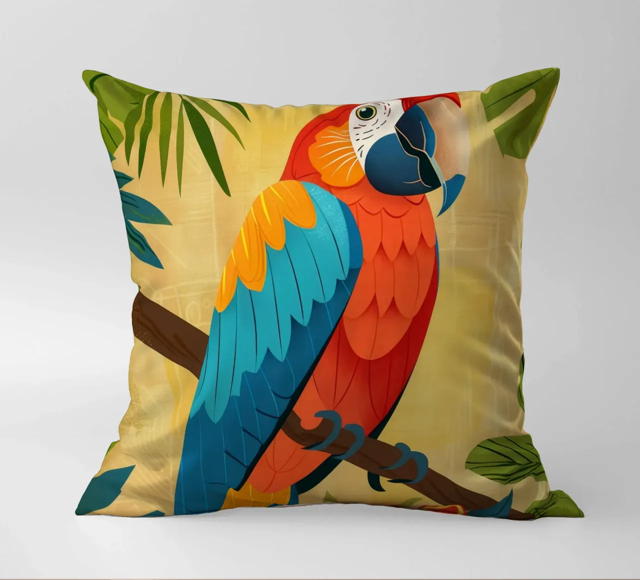 Ara variopinta appollaiata su un ramo circondata da piante tropicali cuscino da DesignDoodle