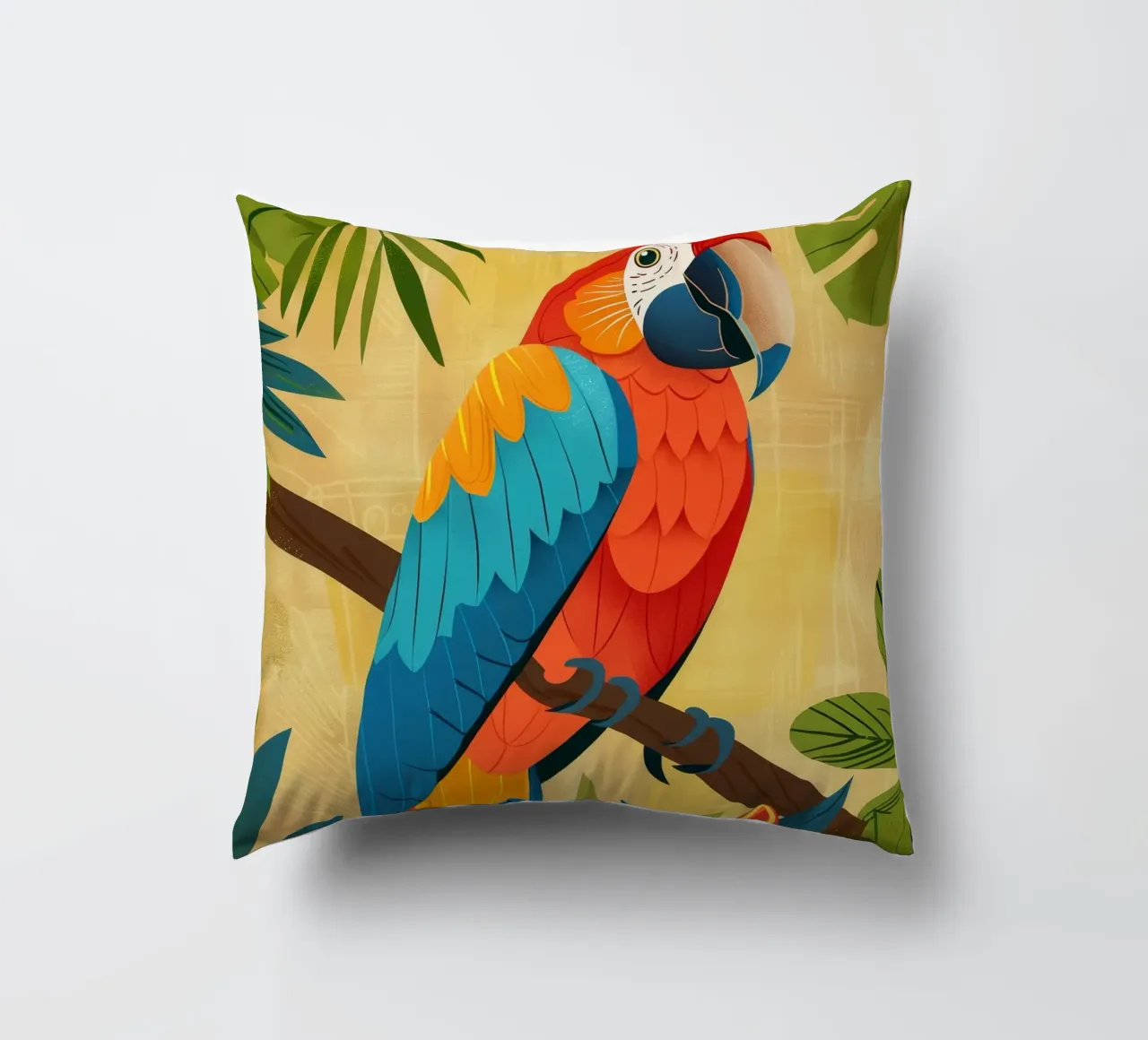 Ara variopinta appollaiata su un ramo circondata da piante tropicali cuscino da DesignDoodle