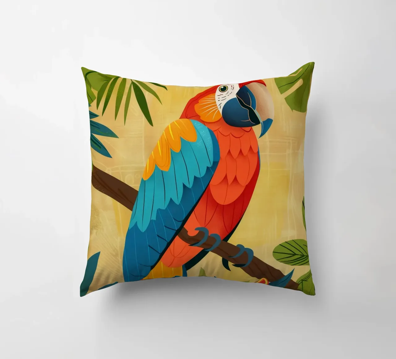 Ara variopinta appollaiata su un ramo circondata da piante tropicali cuscino da DesignDoodle