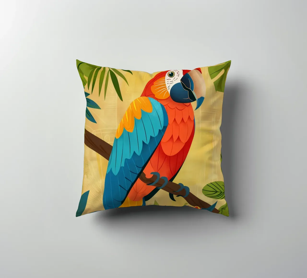 Ara variopinta appollaiata su un ramo circondata da piante tropicali cuscino da DesignDoodle