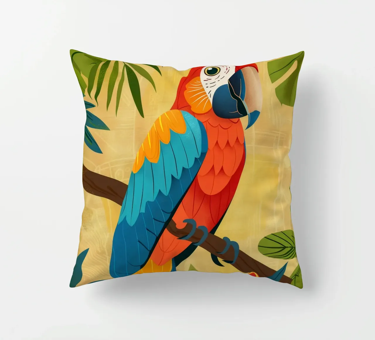 Ara variopinta appollaiata su un ramo circondata da piante tropicali cuscino da DesignDoodle