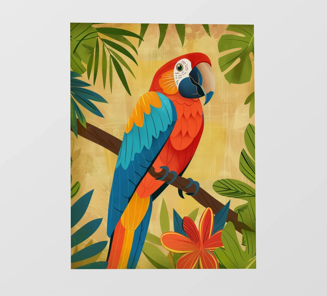 Ara variopinta appollaiata su un ramo circondata da piante tropicali pellicola backlit da DesignDoodle