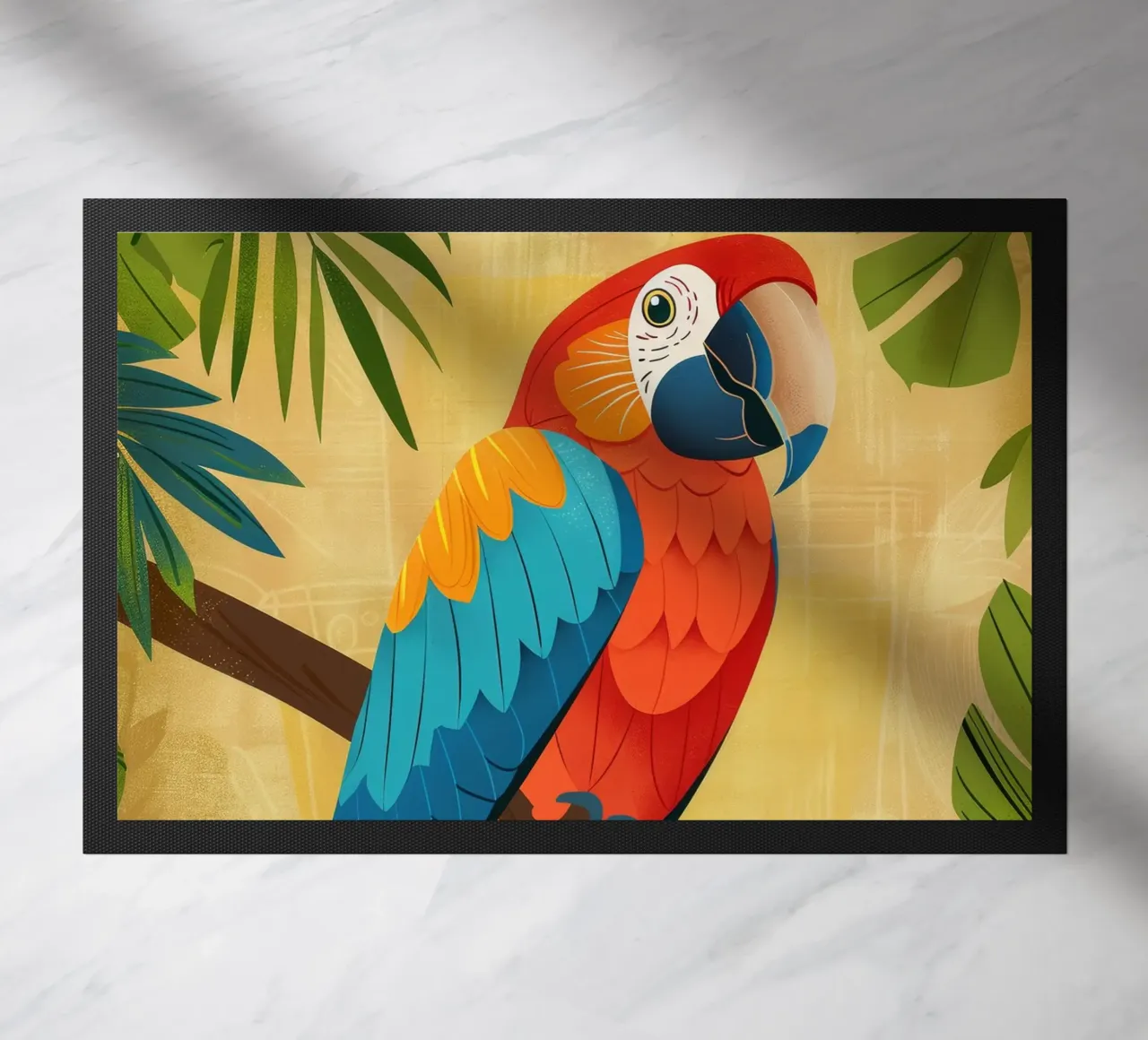 Ara variopinta appollaiata su un ramo circondata da piante tropicali zerbino da DesignDoodle