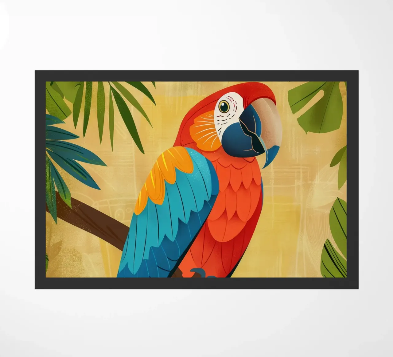 Ara variopinta appollaiata su un ramo circondata da piante tropicali zerbino da DesignDoodle