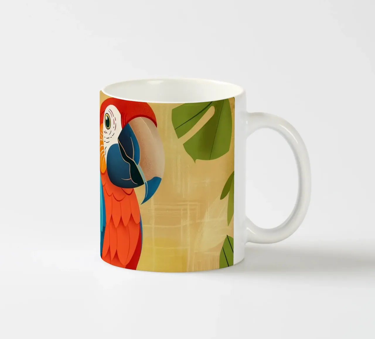 Ara variopinta appollaiata su un ramo circondata da piante tropicali tazza in ceramica da DesignDoodle
