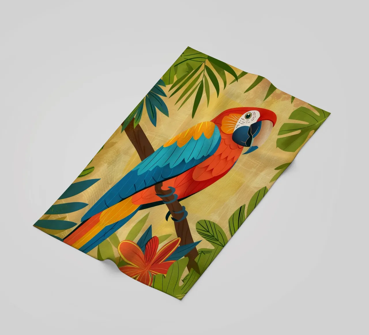 Ara variopinta appollaiata su un ramo circondata da piante tropicali telo mare da DesignDoodle